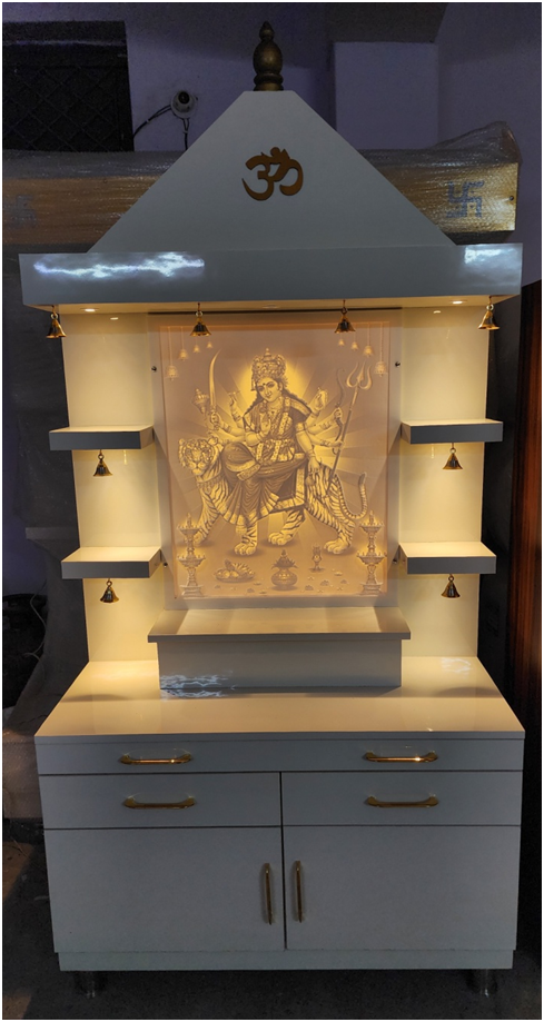 ARTOFINDIA/Elegant White Corian Shera Wali Mata Design Wooden Mandir For Home /Designer Temple