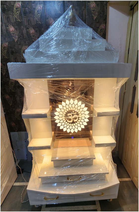 ARTOFINDIA/ Beautiful White Wooden Mandir With OM Designer Glass For Home /Designer Temple