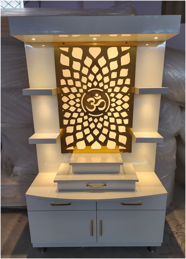 ARTOFINDIA/Decorative White Wooden Mandir With Designer Golden Jali For Home /Designer Temple