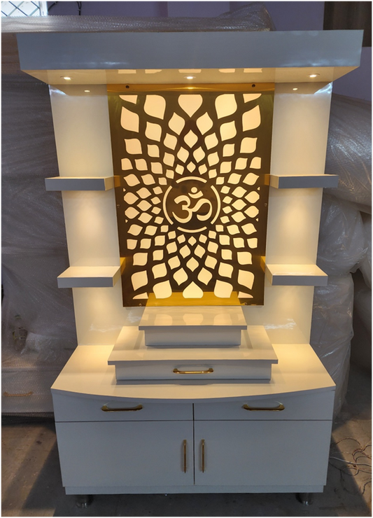 ARTOFINDIA/Decorative White Wooden Mandir With Designer Golden Jali For Home /Designer Temple