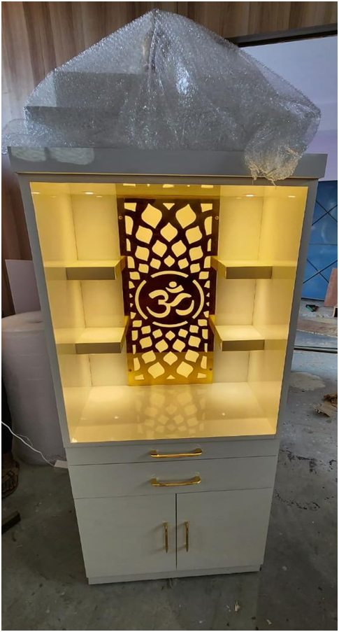 ARTOFINDIA/Beautiful White Wooden Mandir With Designer Golden Jali And Shelfs For Home /Designer Temple