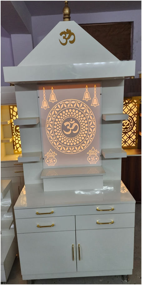 ARTOFINDIA/Beautiful White Corian OM Design Wooden Mandir With Back Lighting For Home /Designer Temple