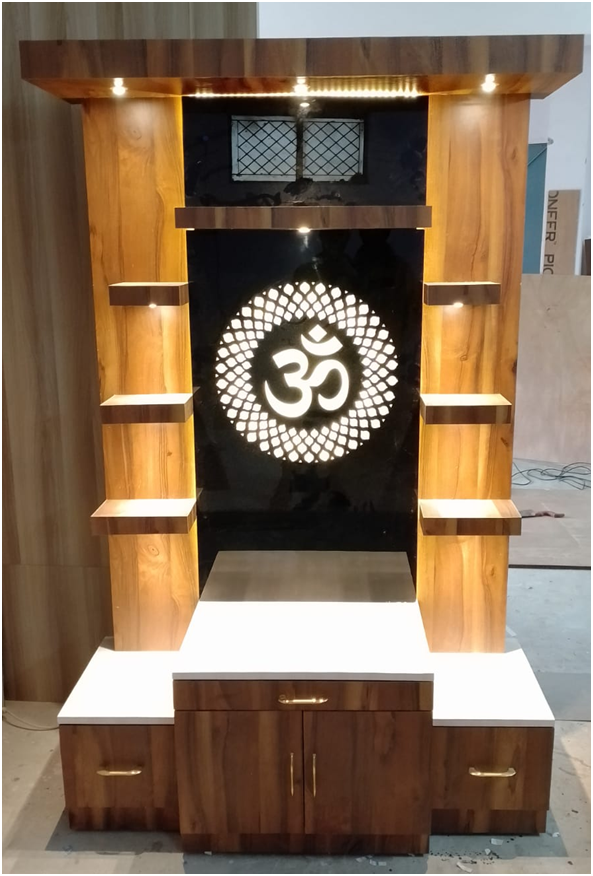 ARTOFINDIA/Beautiful Brown Mandir With Back Glass OM Design And Back Lighting Wooden Mandir For Home /Designer Temple