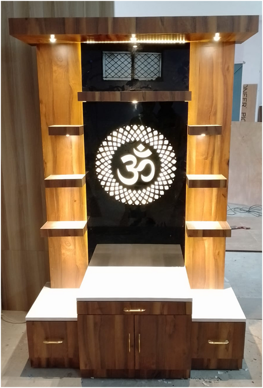 ARTOFINDIA/Beautiful Brown Mandir With Back Glass OM Design And Back Lighting Wooden Mandir For Home /Designer Temple