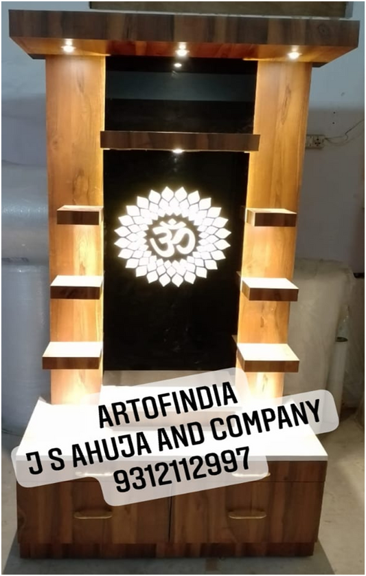 ARTOFINDIA/Brilliant Brown Wooden Mandir With Back OM Designer Lighting Glass For Home /Designer Temple