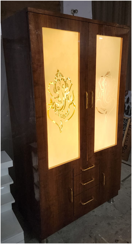 ARTOFINDIA/Beauiful White & Brown Designer Wooden Mandir With OM Design Jali & Beautiful Ganesha Glass Door For Home /Designer Temple