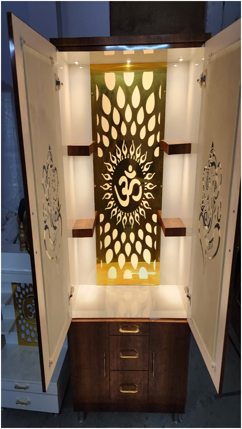 ARTOFINDIA/Beauiful White & Brown Designer Wooden Mandir With OM Design Jali & Beautiful Ganesha Glass Door For Home /Designer Temple