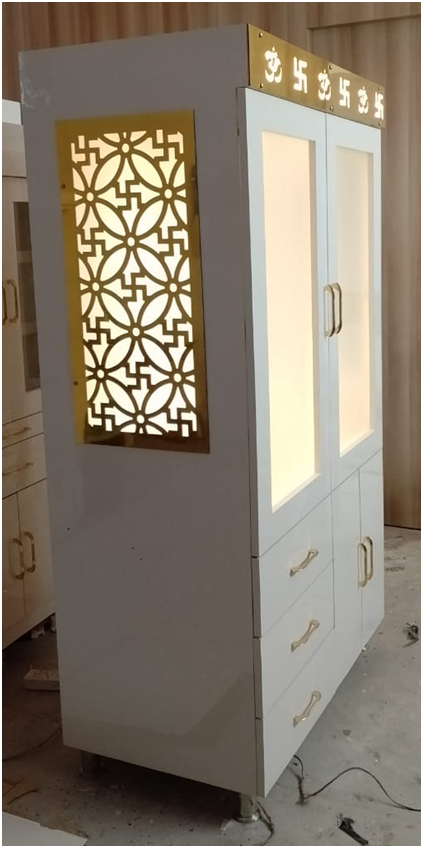 ARTOFINDIA/Beauiful White Elegant Wooden Mandir With Glass Door & Beautiful Designer Side Jali For Home /Designer Temple