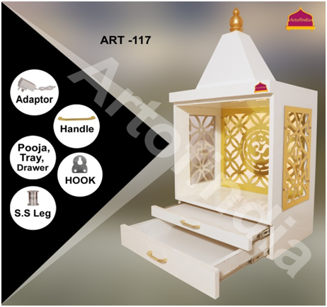 ARTOFINDIA/Beautiful White Wooden Mandir With Designer Side Jali (Wall Or Floor Mounted) For Home /Designer Temple