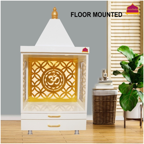 ARTOFINDIA/Beautiful White Wooden Mandir With Designer Side Jali (Wall Or Floor Mounted) For Home /Designer Temple