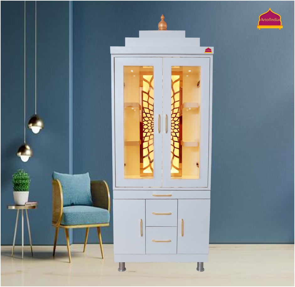 ARTOFINDIA/Elegant White Wooden Mandir With Designer Pocket Sliding Door For Home /Designer Temple