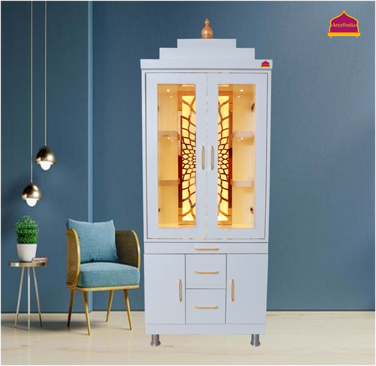 ARTOFINDIA/Elegant White Wooden Mandir With Designer Pocket Sliding Door For Home /Designer Temple