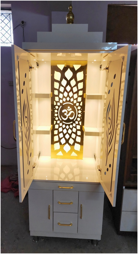 ARTOFINDIA/ Beautiful White Designer Wooden Mandir With (Mor Pankh) Door For Home /Designer Temple