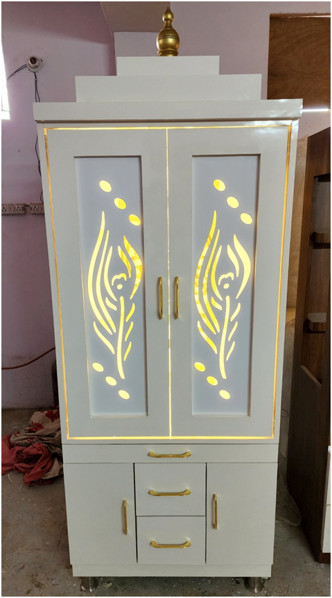 ARTOFINDIA/ Beautiful White Designer Wooden Mandir With (Mor Pankh) Door For Home /Designer Temple