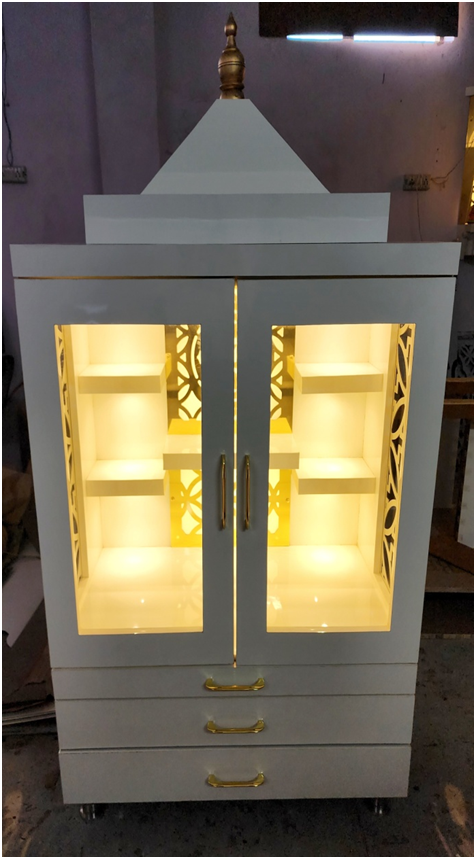 ARTOFINDIA/Beautiful White Designer Wooden Mandir With Glass Door For Home /Designer Temple