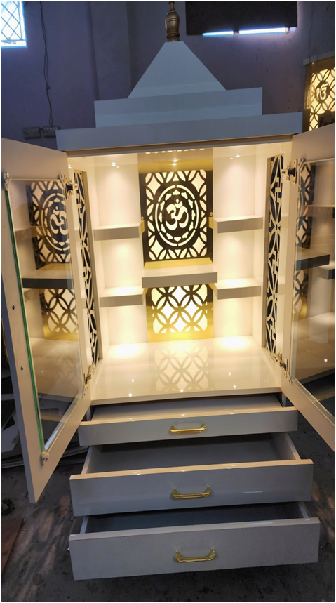 ARTOFINDIA/Beautiful White Designer Wooden Mandir With Glass Door For Home /Designer Temple