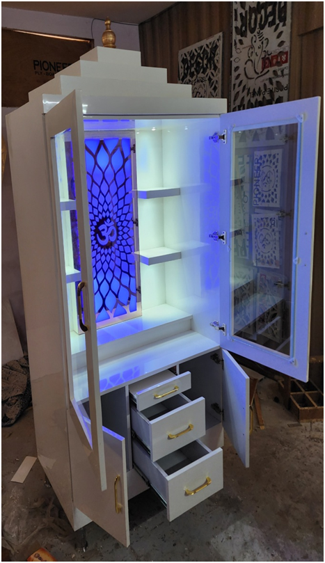 ARTOFINDIA/Beautiful White Wooden Designer Mandir With Glass Door For Home /Designer Temple