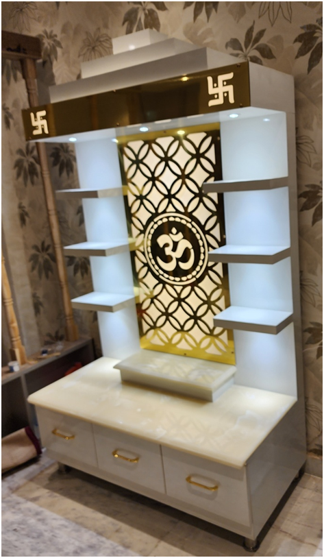 ARTOFINDIA/Beautiful White Wooden Designer Mandir With Shelfs For Home /Designer Temple