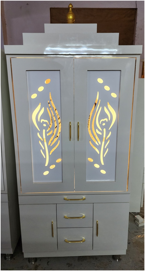 ARTOFINDIA/Beautiful White Wooden Designer Mandir With Backlight Glass & (MOR PANKH) Door For Home /Designer Temple