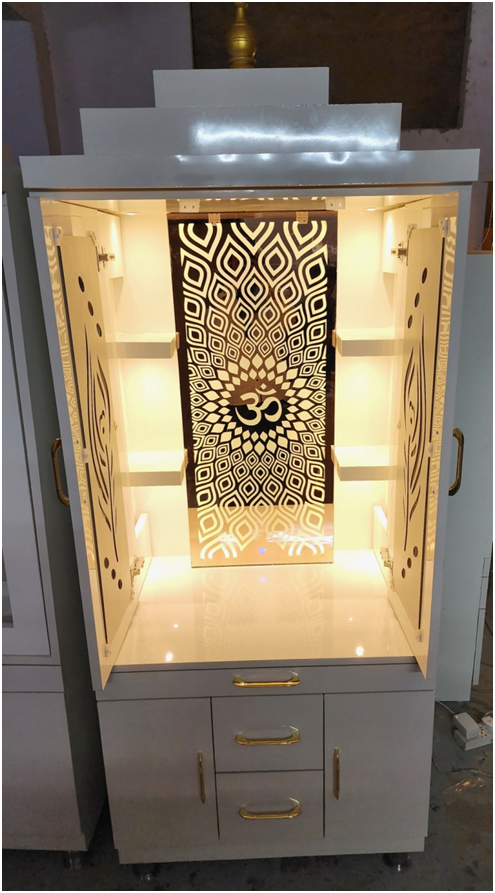 ARTOFINDIA/Beautiful White Wooden Designer Mandir With Backlight Glass & (MOR PANKH) Door For Home /Designer Temple