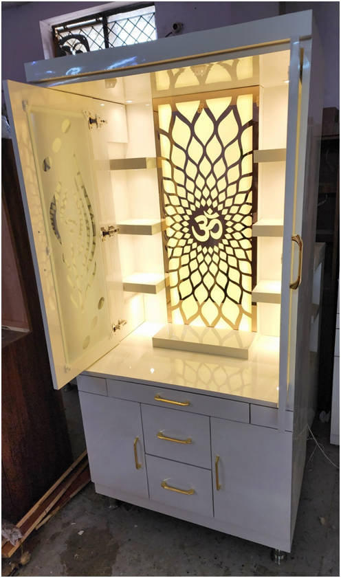 ARTOFINDIA/Fanciable White Wooden Designer Mandir With Glass (MOR PANKH) Door For Home /Designer Temple