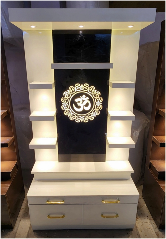 ARTOFINDIA/Gorgoeus White Wooden Designer Mandir With (OM) Backlight Glass & Shelfs For Home /Designer Temple