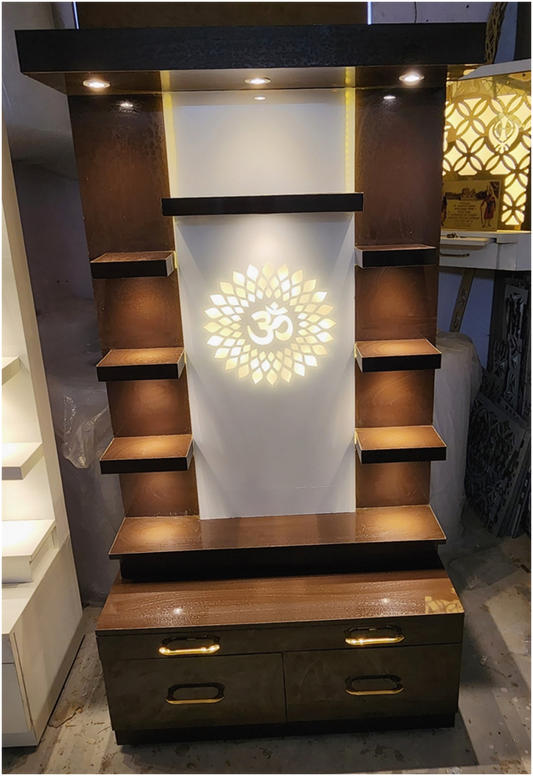 ARTOFINDIA/Gorgoeus Brown Wooden Designer Mandir With (OM) White Backlight Glass & Shelfs For Home /Designer Temple