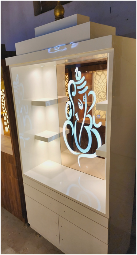 ARTOFINDIA/Beautiful White Wooden Mandir With Backlight Glass (GANESHA) & Shelfs For Home /Designer Temple