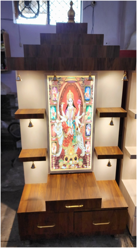 ARTOFINDIA/Beautiful Brown Wooden Mandir With ( Shera Wali Mata) Photo & Shelfs For Home /Designer Temple