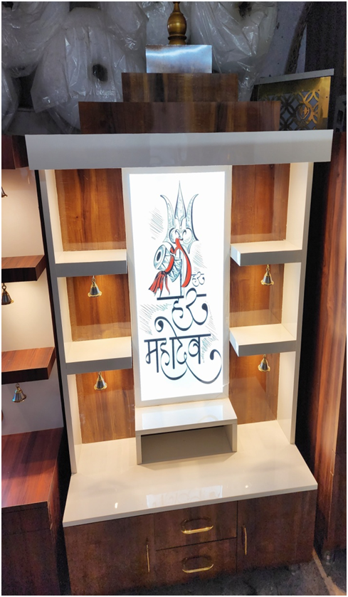 ARTOFINDIA/Beautiful Brown & White Wooden Mandir With Designer (Har Mahadev) Photo & Shelfs For Home /Designer Temple