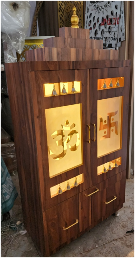 ARTOFINDIA/Stunning Brown Wooden Mandir With Designer Glass Doors, Shelf & Bells For Home /Designer Temple