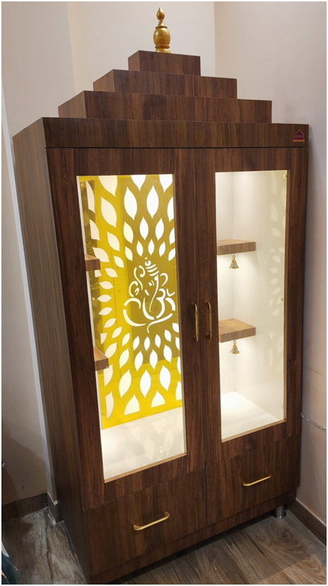 ARTOFINDIA/Beautiful Brown Wooden Designer Mandir (Ganesha) With Glass Doors & Shelfs For Home /Designer Temple