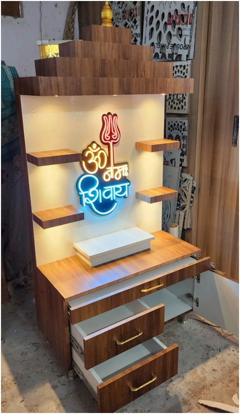 ARTOFINDIA/Beautiful Brown Wooden Designer Mandir With Neon Lights (OM NAMA SHIVAY) & Shelfs For Home /Designer Temple