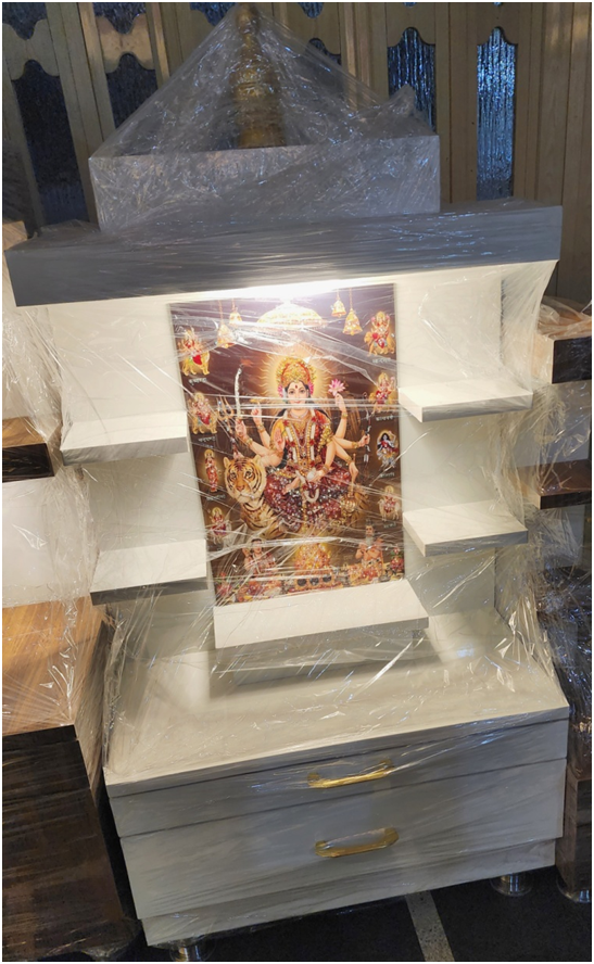 ARTOFINDIA/Beautiful White Wooden Designer Mandir With Photo (SHERA WALI MATA) & Shelfs For Home /Designer Temple