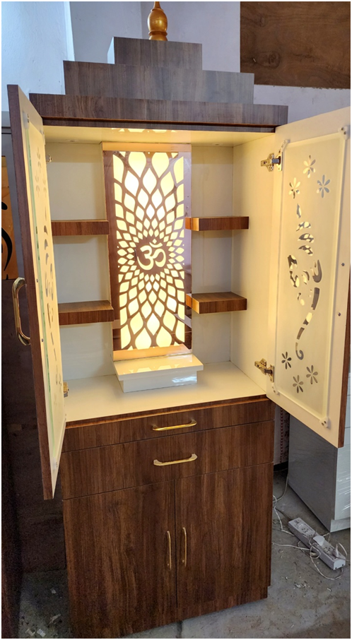 ARTOFINDIA/ Brown Wooden Designer Mandir With Glass Doors (GANESHA) & Shelfs For Home /Designer Temple