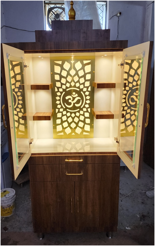 ARTOFINDIA/ Beautiful Brown Wooden Designer Mandir With Glass Door & Shelfs For Home /Designer Temple