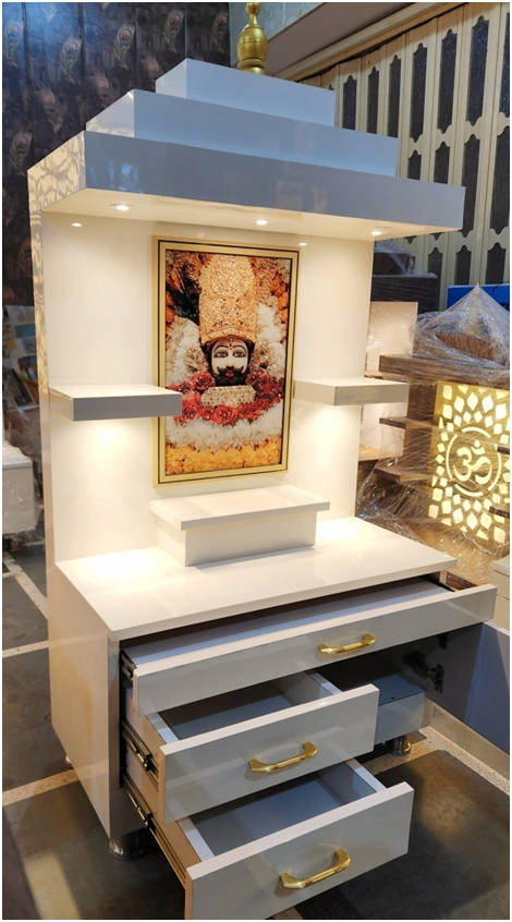 ARTOFINDIA/ Gorgeous White Wooden Designer Mandir With Photo (KHATU SHYAM) & Shelfs For Home /Designer Temple