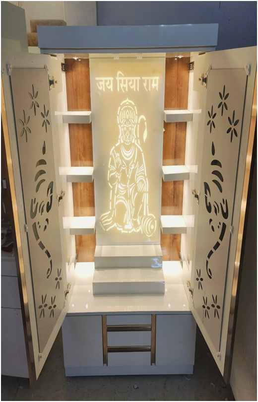 ARTOFINDIA/Beautiful White Wooden Designer Mandir (HANUMAN JI) With Doors (GANESHA) & Shelfs For Home /Designer Temple