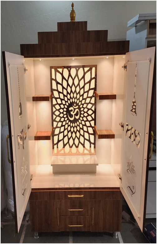 ARTOFINDIA/Elegant Brown Designer Wooden Mandir With Designer (SHUBH~LABH) Glass Doors & Shelfs For Home /Designer Temple