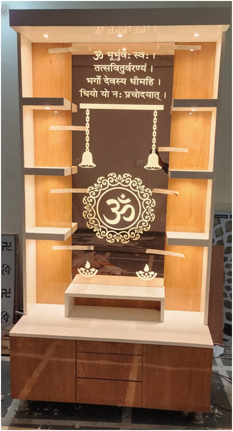 ARTOFINDIA/Elegant Brown Designer Wooden Mandir With Backlight Glass (Om & Gayatri Mantra) & Shelfs For Home/Designer Temple