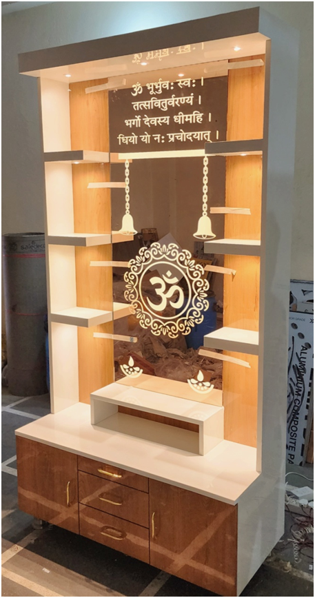 ARTOFINDIA/Elegant Brown Designer Wooden Mandir With Backlight Glass (Om & Gayatri Mantra) & Shelfs For Home/Designer Temple