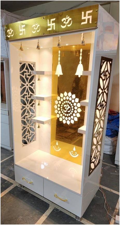 ARTOFINDIA/Gorgeous White Designer Wooden Mandir With Side Jali & Bells For Home/Designer Temple