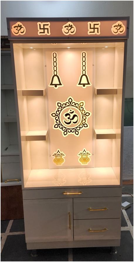 ARTOFINDIA/ Elegant White Designer Wooden Mandir (Om & Kalas Design) With Shelfs For Home/Designer Temple