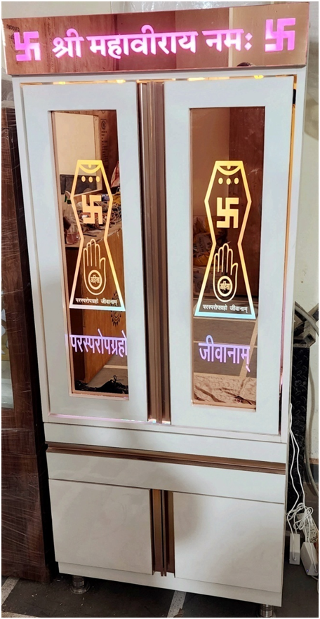 ARTOFINDIA/ Beautiful White Designer Wooden Mandir (JAIN Religion) With Glass Back (Jain Namokar Mantra) Designed (Pocket) Glass Doors For Home/Designer Temple