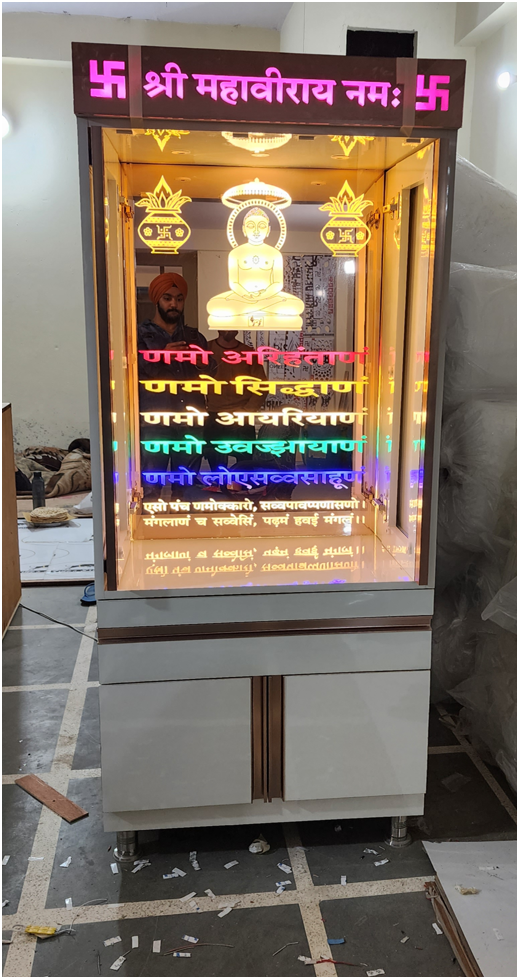 ARTOFINDIA/ Beautiful White Designer Wooden Mandir (JAIN Religion) With Glass Back (Jain Namokar Mantra) Designed (Pocket) Glass Doors For Home/Designer Temple