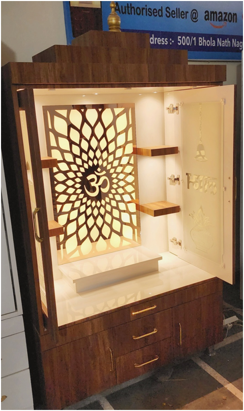 ARTOFINDIA/ Beautiful Brown Designer Wooden Mandir With Designer (Shubh Labh) Glass Doors & Shelfs For Home/Designer Temple