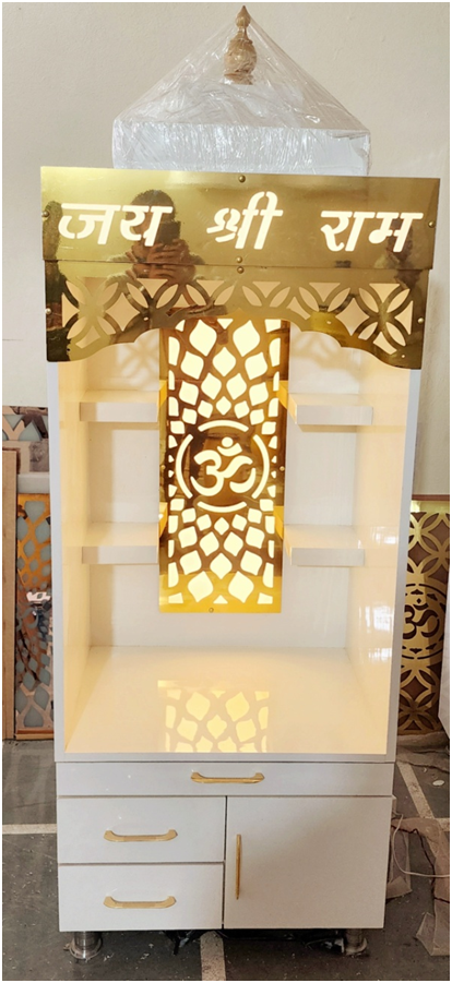 ARTOFINDIA/ Beautiful White Designer Wooden Mandir (jai shree ram ) With Front Jali & Shelfs For Home/Designer Temple