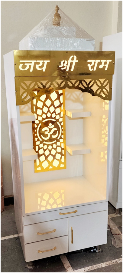 ARTOFINDIA/ Beautiful White Designer Wooden Mandir (jai shree ram ) With Front Jali & Shelfs For Home/Designer Temple