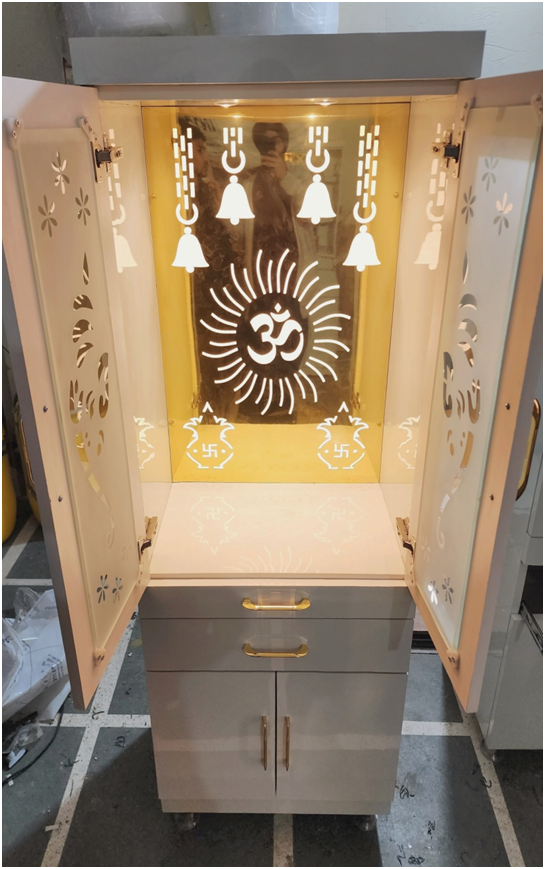 ARTOFINDIA/ Elegant White Designer Wooden Mandir (Om, Bells & kalas) With Glass Doors (Ganesha) & Shelfs For Home/Designer Temple