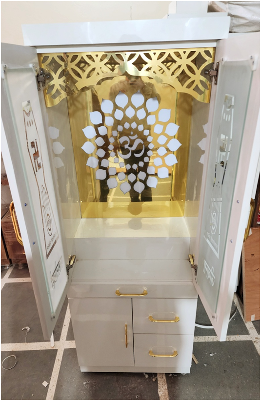 ARTOFINDIA/ Beautiful White Designer Wooden Mandir With Glass Doors (JAIN Religion) & Front Jali For Home/Designer Temple